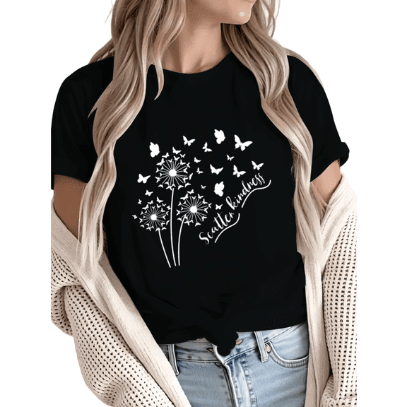 Giffimy Women's Scatter Kindness Dandelion Butterfly Graphic Short Sleeve T-Shirt Casual Cotton Crewneck Top