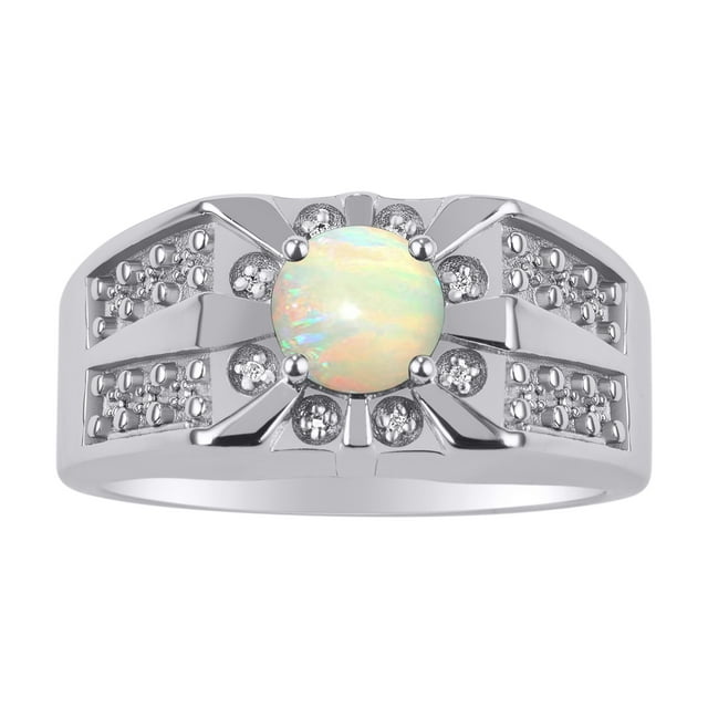 RYLOS Men's Rings Sterling Silver Designer Starburst 7MM Round Gemstone & Diamond Ring Opal October Birthstone Rings Size 10