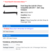 Front Sway Bar Link Kit 2 Piece - Compatible with 2017 - 2021 Jeep Compass 2018 2019 2020