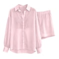 thumbnail image 4 of Cagogo Women's 2 Piece Striped Casual Set V Neck Long Sleeve Top Elastic Waisted Shorts Summer Outfits Lounge Travel Clothes Matching Two Piece, Pink S, 4 of 5