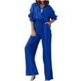 thumbnail image 1 of Fgnfyis Women's Two Piece Outfits Set Long Si Button Down Shirt Blouse Top Drawstring Wide Leg Pants Solid Color Tracksuit Matching Sets Women Clothing Trousers Sets Blue XL, 1 of 6