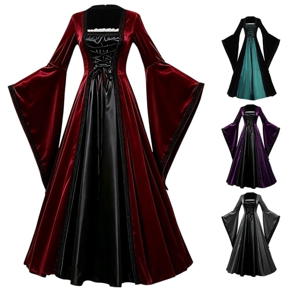 Xijirk Women's Medieval Renaissance Cosplay Dress Bell Long Sleeve Lace Up Corset Maxi Gown for Halloween Evening Themed Party Role Play,Red,S