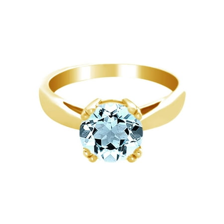 Round Cut Simulated Blue Aquamarine CZ Solitaire Ring in 14K Yellow Gold Over Sterling Silver By Jewel Zone US