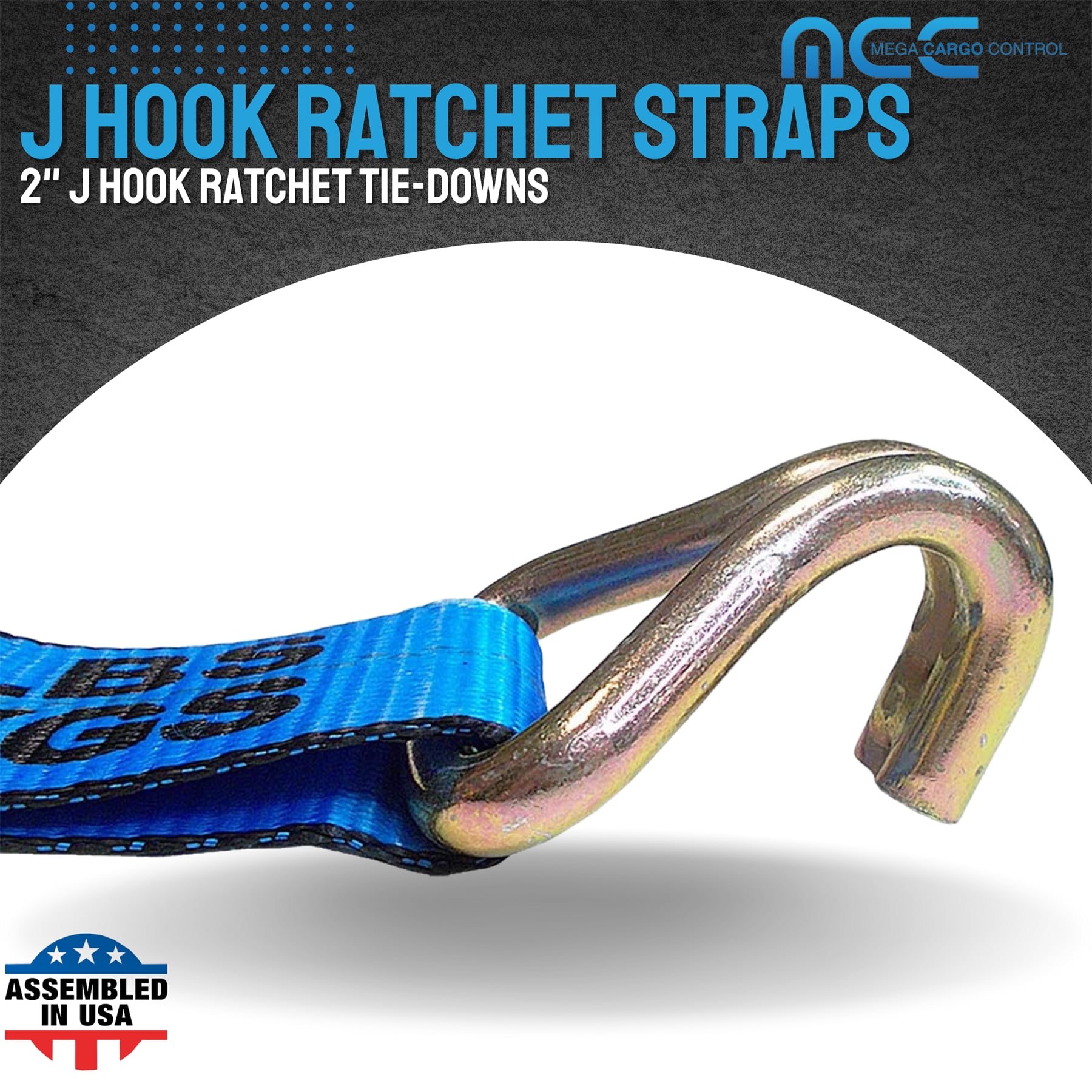 Mega Cargo Control USA Heavy Duty 2" x 60' Ratchet Strap J Hook Flatbed Truck Farm Tie Down 4 Pack