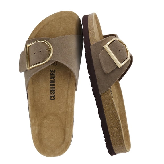 Cushionaire Leeds 100% Genuine Leather Suede Womens Sandals, Comfortable Slides for Women with Adjustable Statement Buckle
