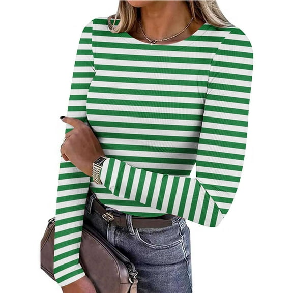 CHGBMOK Womens Long Sleeve Stripes Shirts Slim Fitted Stretch Tees Casual Crew Ceck Basic Layer Blouses
