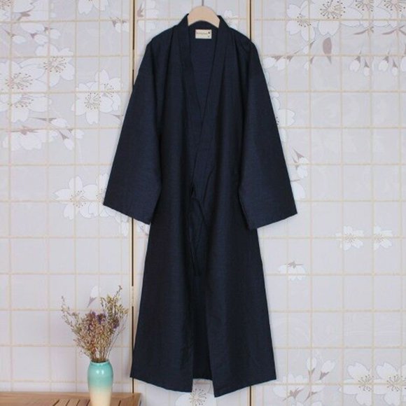 Lefu Men Casual Japanese Kimono Yukata Long Bathrobe Pajamas Belt Cotton Home Robe