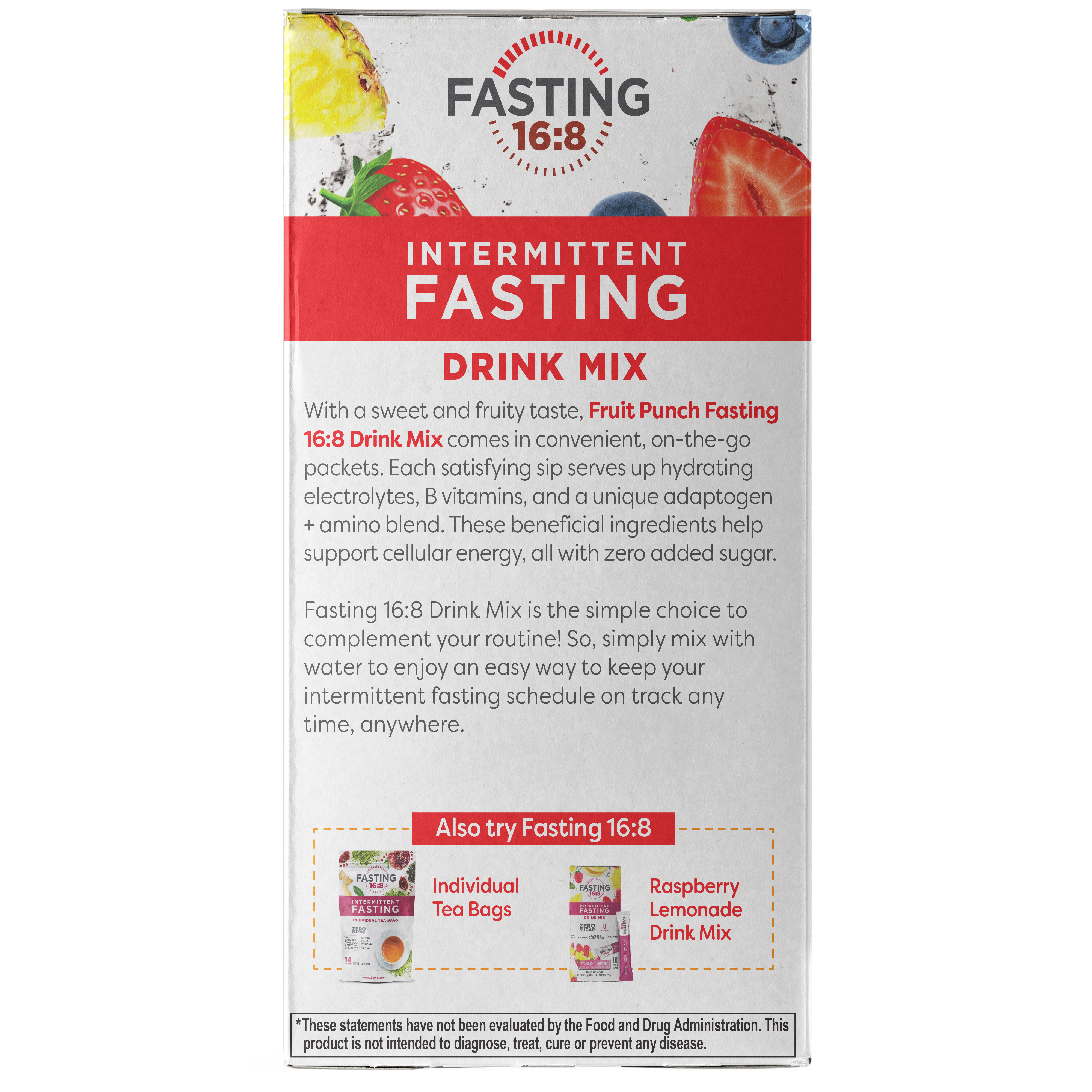 Fasting 16:8 Intermittent Fasting Drink Mix, 0 Sugar, 0 Calories, Fruit Punch, 18 Stick Packs