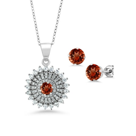 - 2.37 Ct Round Red Garnet 925 Sterling Silver Pendant Earrings Set
