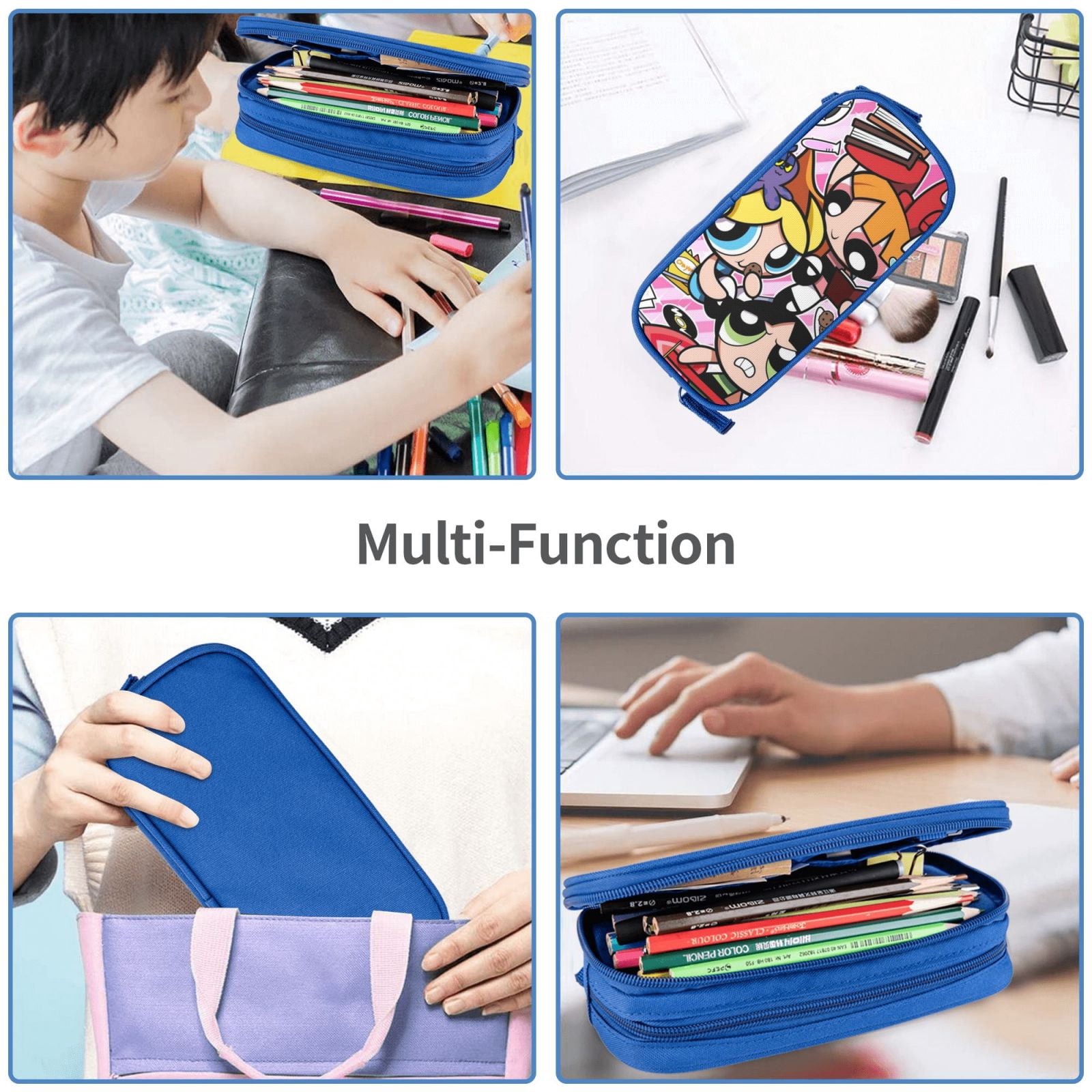 The Powerpuff Gi-rls Pencil Case Large Capacity Pencil Pouch Pen Bag Office Stationery Organizer Travel Makeup Bag Blue