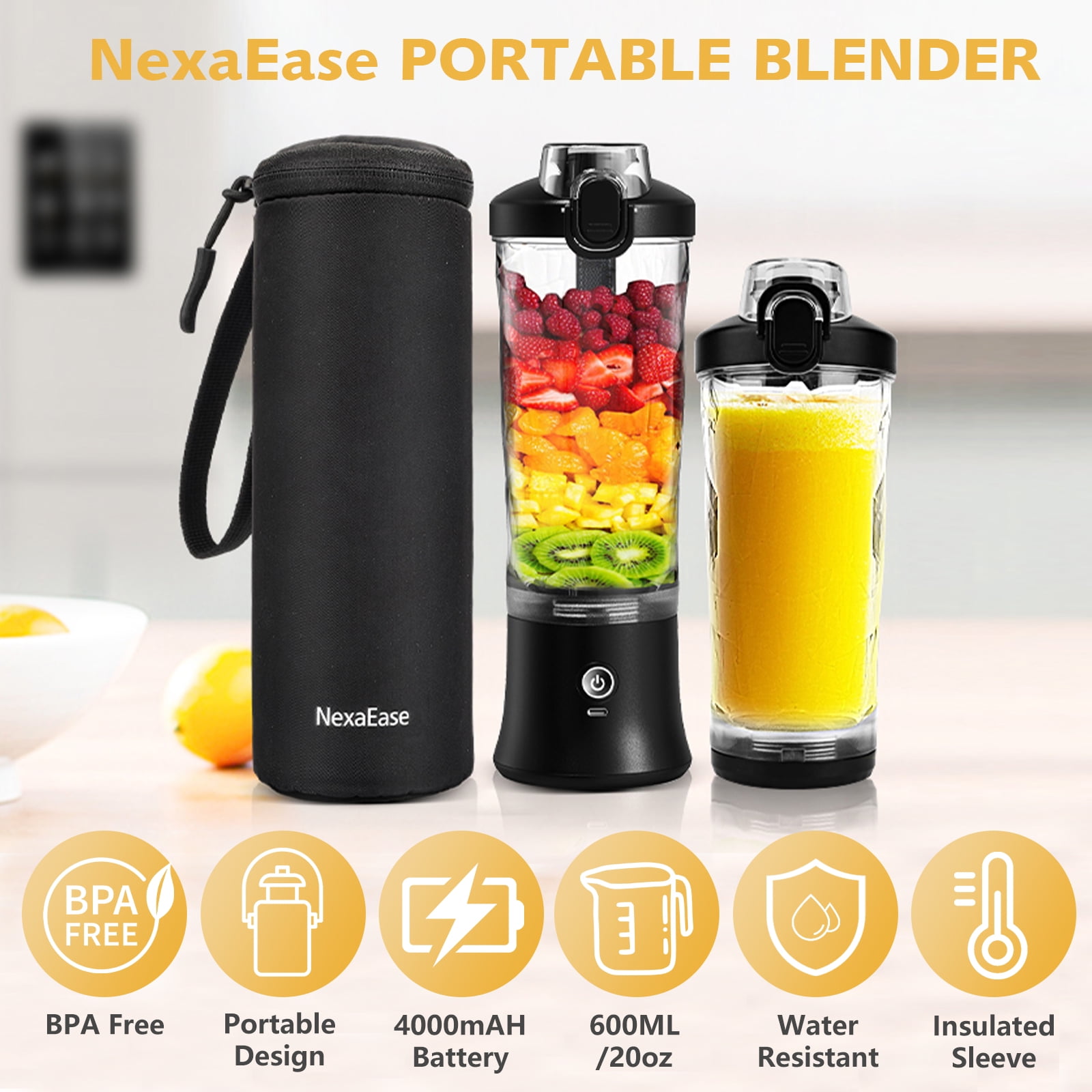 Portable Blender Personal Juicer for Shakes and Smoothies - 20 OZ Electric Protein Shaker Bottle with Insulated Sleeve, Travel Lid, USB-C Rechargeable - Mini Small Blender Cup for Kitchen,Office,Gym