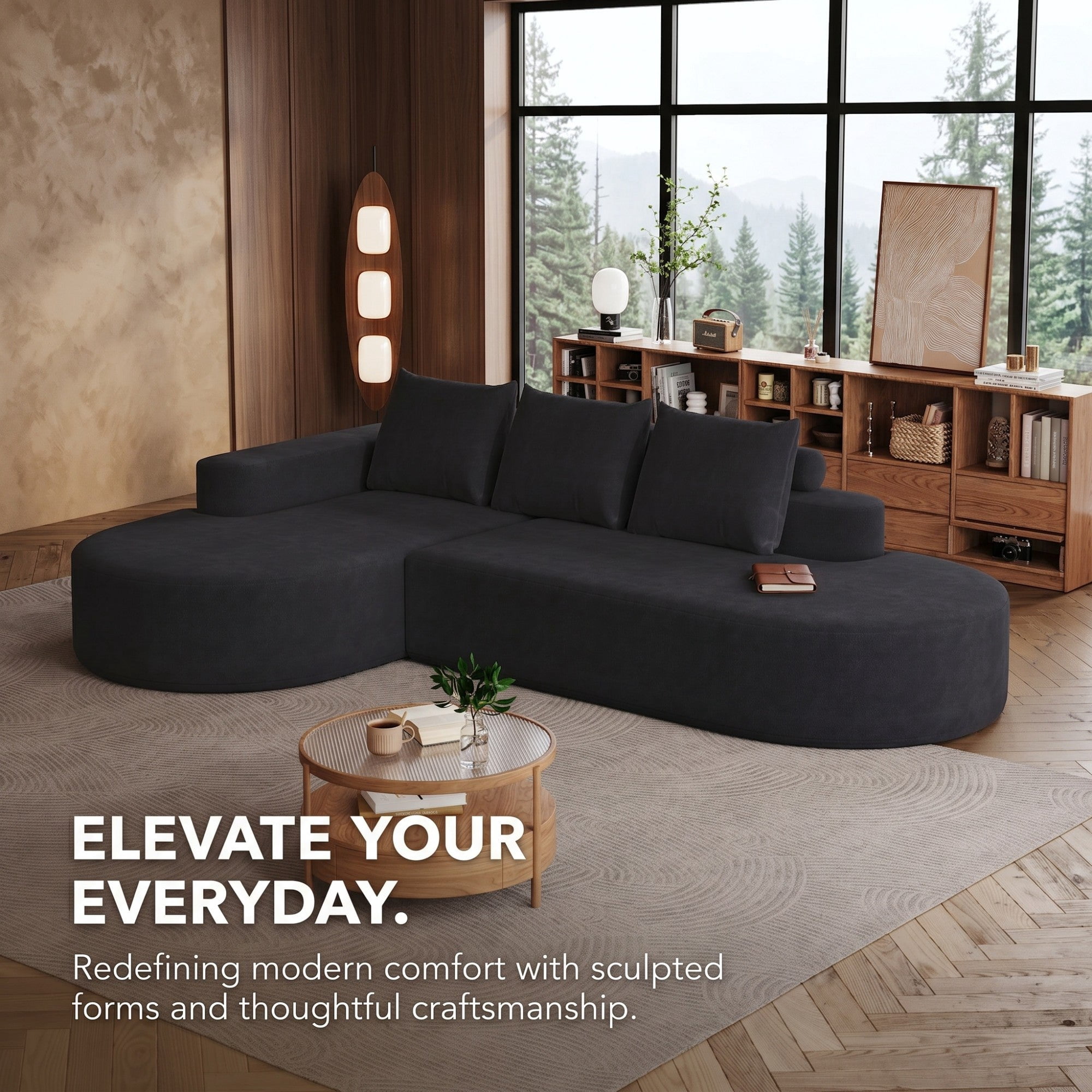 Sailvan 108.5" Modern Curved Chenille Sectional Sofa, Modular L-Shaped Couch with 3 Pillows Black