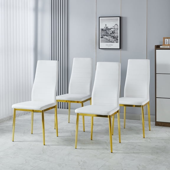 LifeSky 4 Chairs Set with Golden Metal Legs White Faux Leather Seats for Dining Room: Modern Style Seating for 4, Assembly in 30 Mins - Supports Up to 300 lbs - Easy to Clean Surface