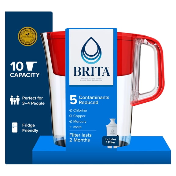 Brita Large 10 Cup Water Filter Pitcher with 1 Standard Filter, Made Without BPA, Tahoe, Red