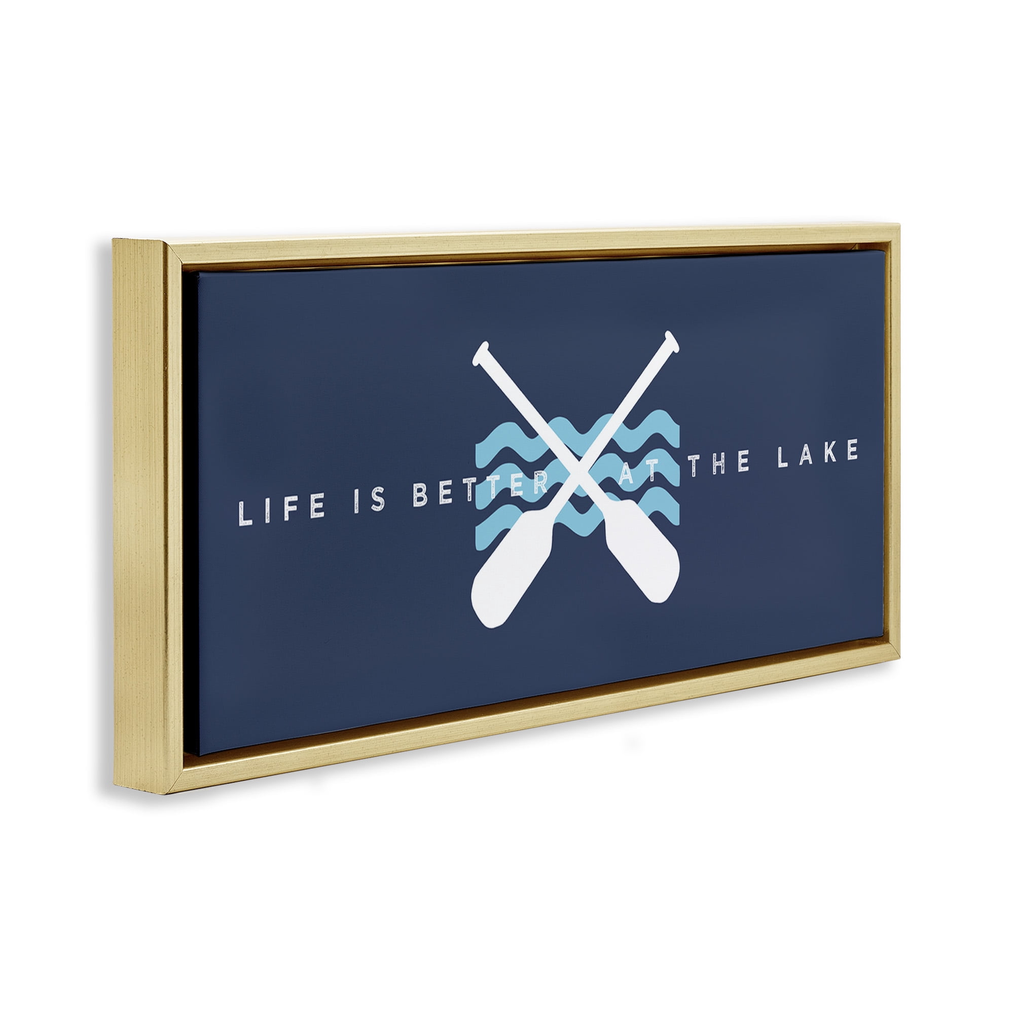 Stupell Industries Better At Lake with Crossed Oars Transportation Painting Gold Floater Framed Canvas Art Print Wall Art, 25 x 11