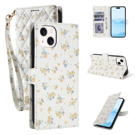 for iPhone 13 Wallet Case Women Girls, Cute Floral Pattern PU Leather Flip Phone Cover with Card Holder, Kickstand, Wrist Strap, Protective Purse Case for iPhone 13, Pattern-D