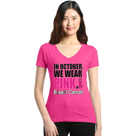 Shop4Ever Women's In October We Wear Pink Beat Breast Cancer Slim Fit V-Neck