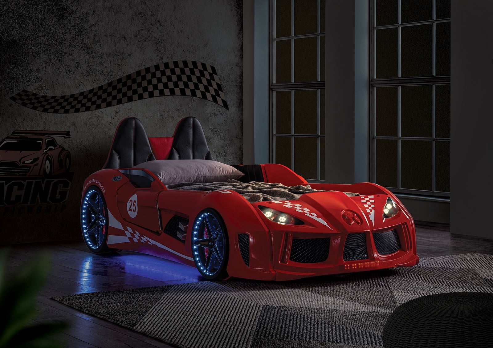 Red Finish Twin Size Race Car Design Bed Modern Novelty Style Attached Two Magnetic Doors With LED Lights On Wheels Bottom Upholstery HB And Sides
