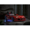 thumbnail image 4 of Bed Frame Red Finish Twin Size Race Car Design Bed Modern Novelty Style Attached Two Magnetic Doors With LED Lights On Wheels And Bottom Upholstery Headboard, 4 of 7