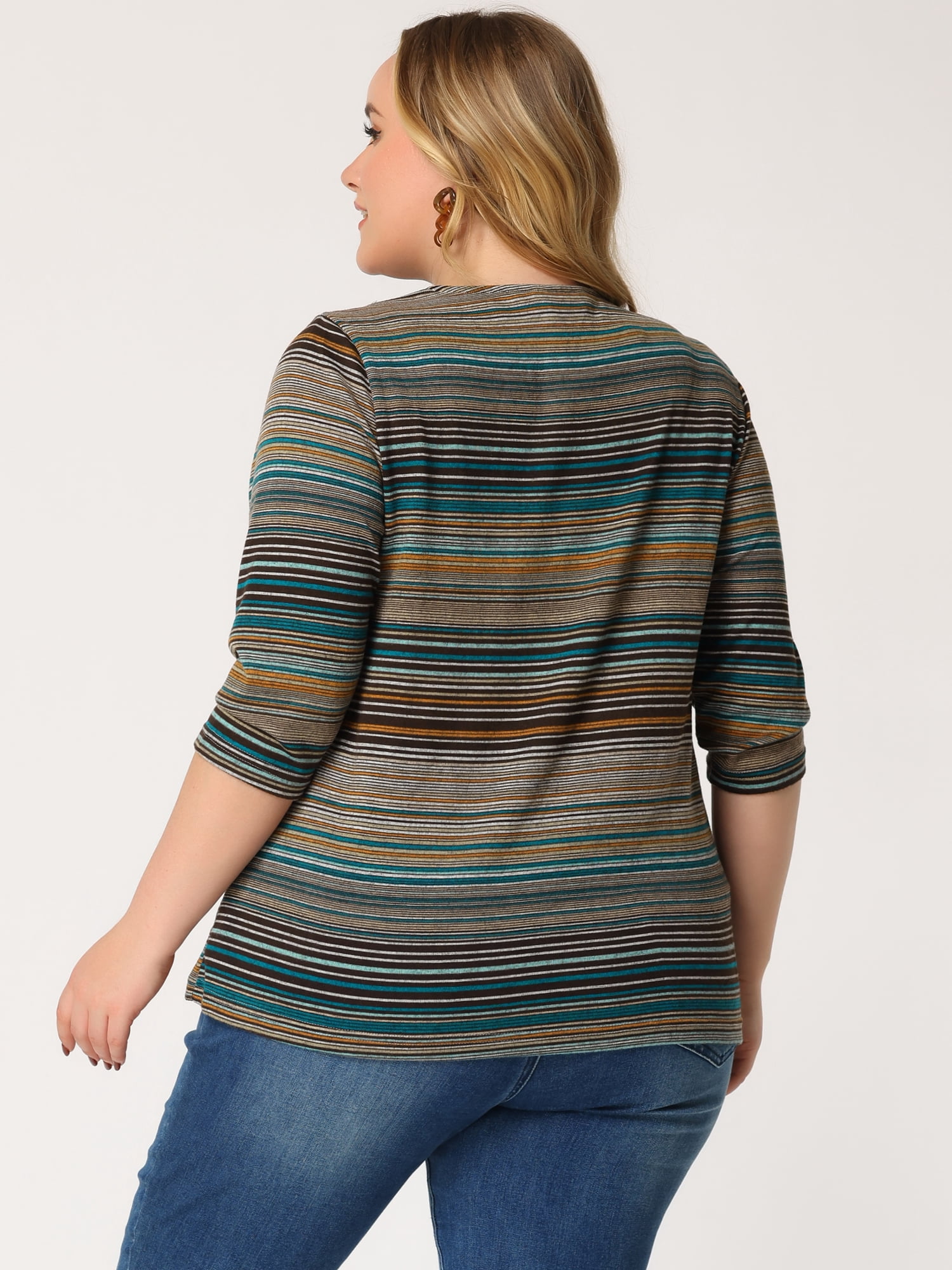 DARING DIVA Women's Plus Tunic Top V Neck Stripe Boho Knit Blouse 6X Lake Blue
