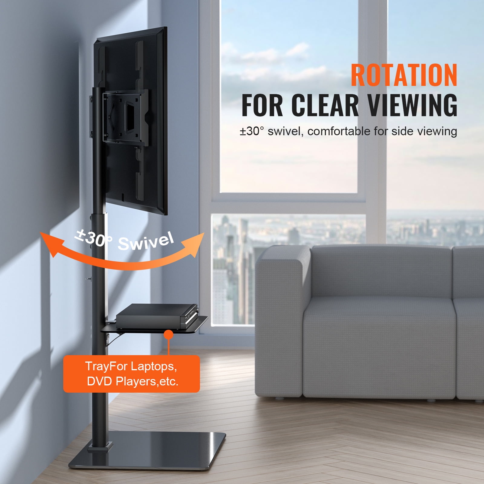 KFFKFF Television Stand Mount, Rotating Elevated TV Stand suitable for 32 to 65 inch Televisions, Alterable Height Mobile TV Stand with Hardened Glass Foundation for Bedroom, Living Area