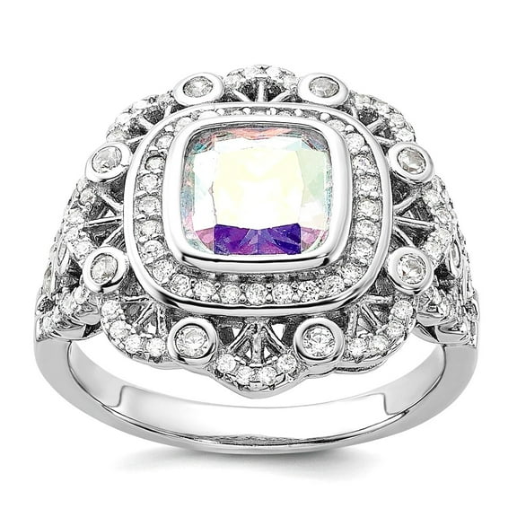 925 Sterling Silver Rhodium Plated Clear and Iridescent Cubic Zirconia Ring Size 7 2.3mm Wide Ring for Women