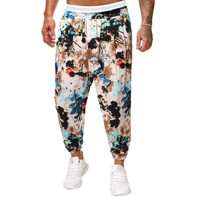 Kmbangi Men Casual Pants Graffiti Print Drawstring Tied-Ankle Loose Trousers