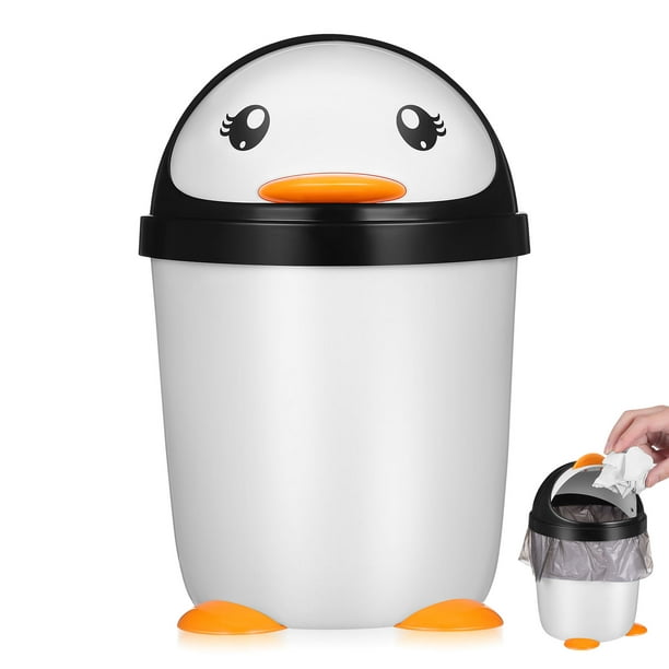 Bote de basura con tapa abatible de pingüino creativo para niños, lindo bote de basura para baño, cesto de basura de plástico para dormitorio, oficina, coche, cocina para habitación de niños