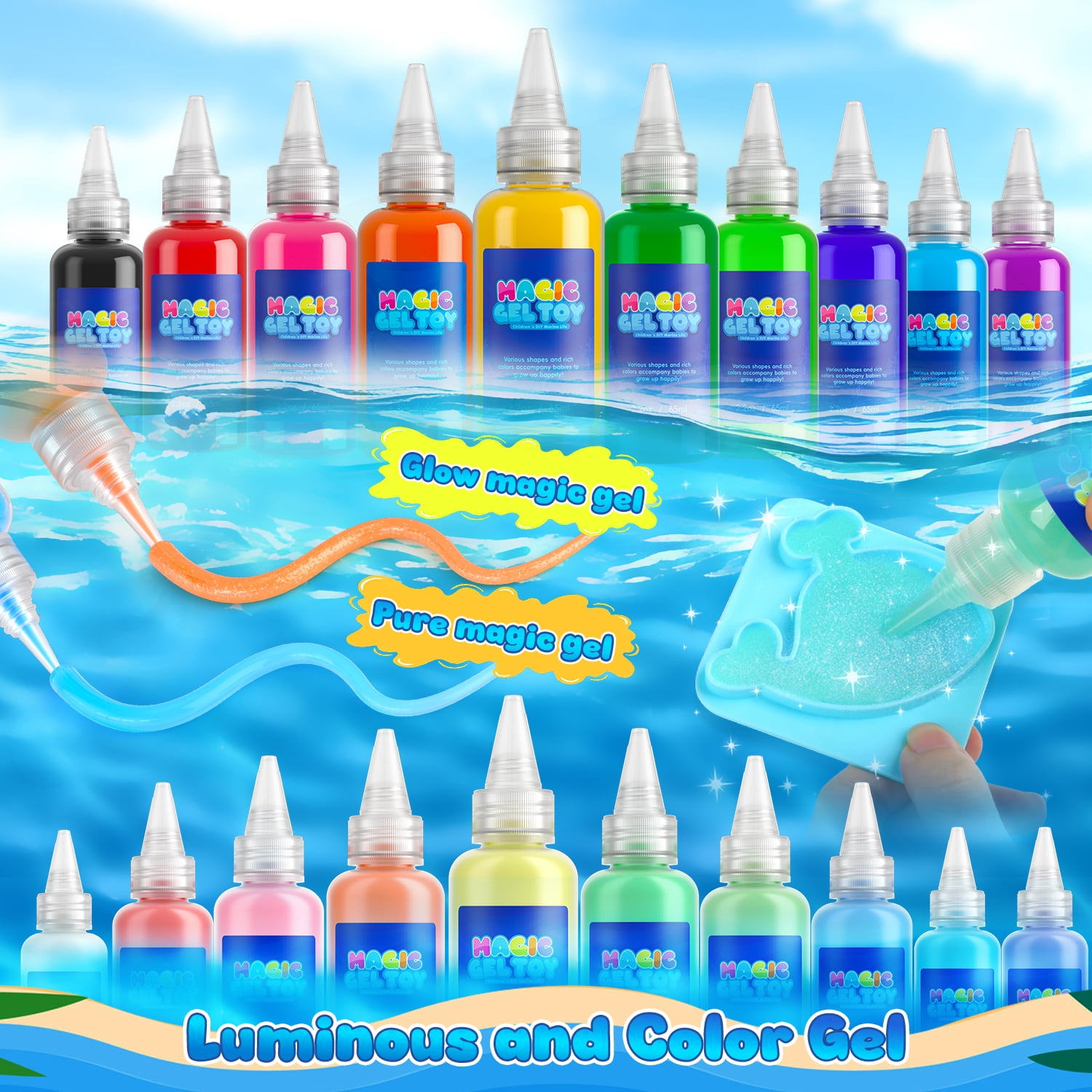 Huge Wave 20 Colors Magic Fairy Water Gel Toy Kit for Kids, Creative Water Gel Kit with 20 Magic Gels & 8 Molds, STEM Birthday Gift for Girls Ages 3-8