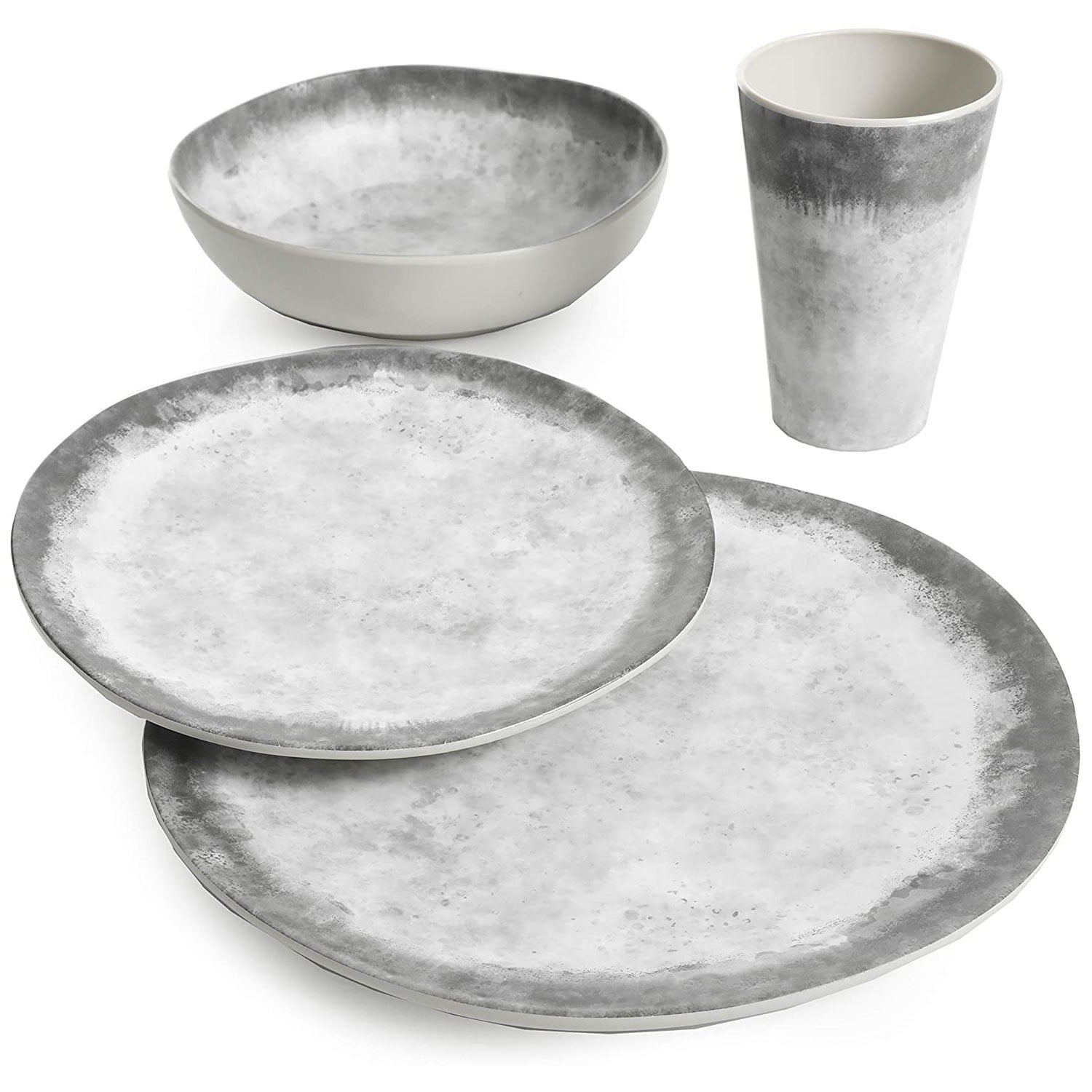 Gibson Home Granite Organic Round Melamine Dinnerware Set, Service for Four (16pcs), Marble