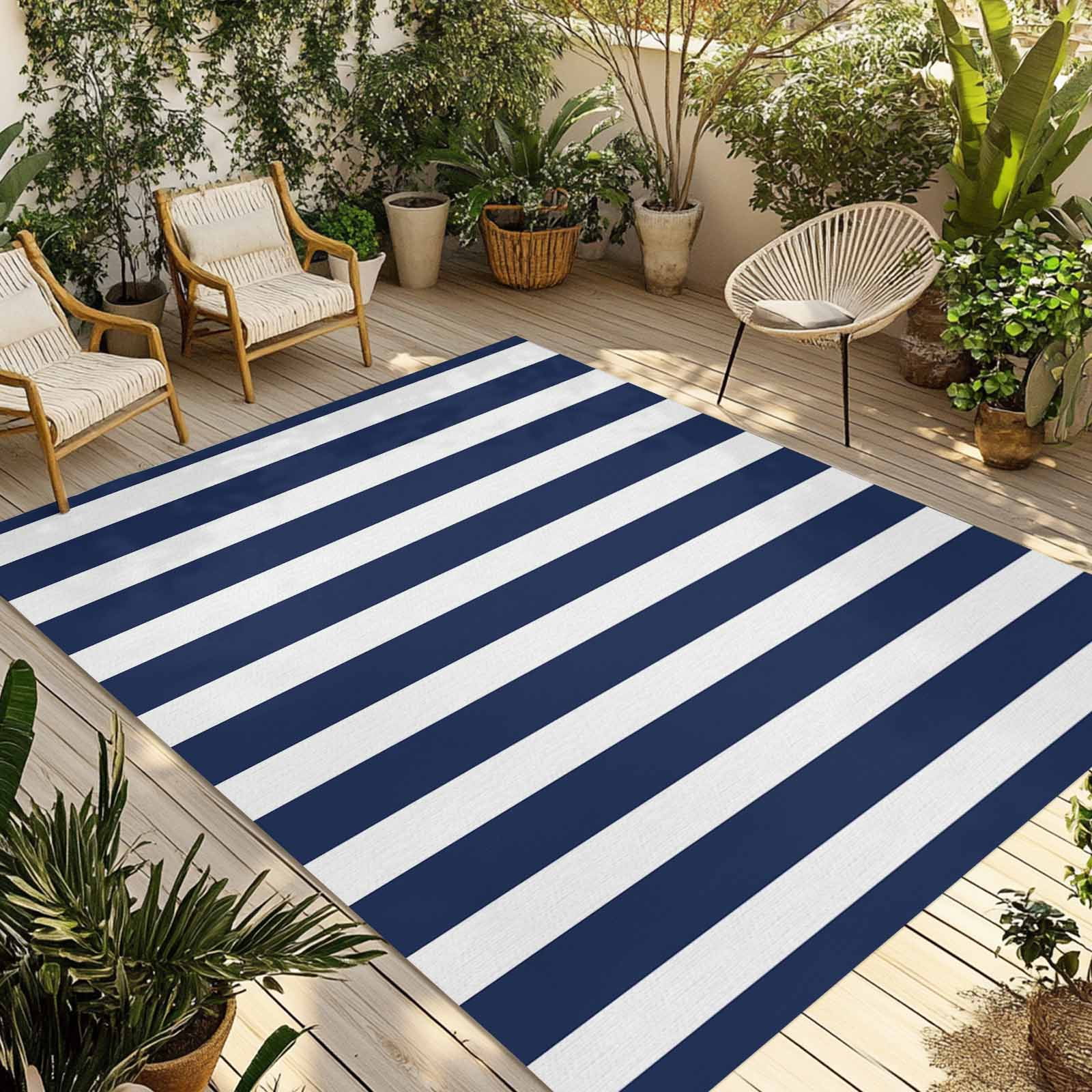 Outdoor Rug 4x6 ft Navy Blue White Geometric Stripes Waterproof Outdoor Patio Rug Mat Non Slip Outside Area Rugs Carpet for RV,Camping,Porch,Deck,Pool,Balconybackyard,Minimalist Modern Art