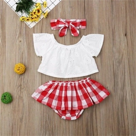 

3Pcs Infant Toddler Baby Girls Summer Off Shoulder Tops Ruffled Lace Shirt + Plaid Shorts Tutu Skirt Outfits Sets