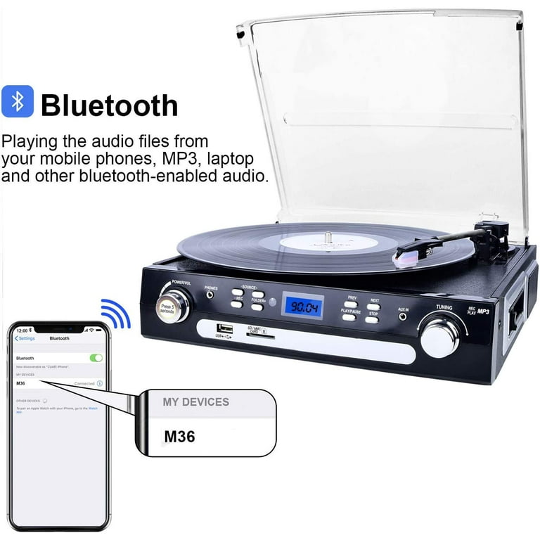 DIGITNOW Vinyl/LP Turntable Record Player, with Bluetooth, AM&FM Radio,  Cassette Tape, Aux in, SD Encoding & Playing MP3/ Built-in Stereo Speakers,  3.5mm Headphone Jack, Remote and LCD 