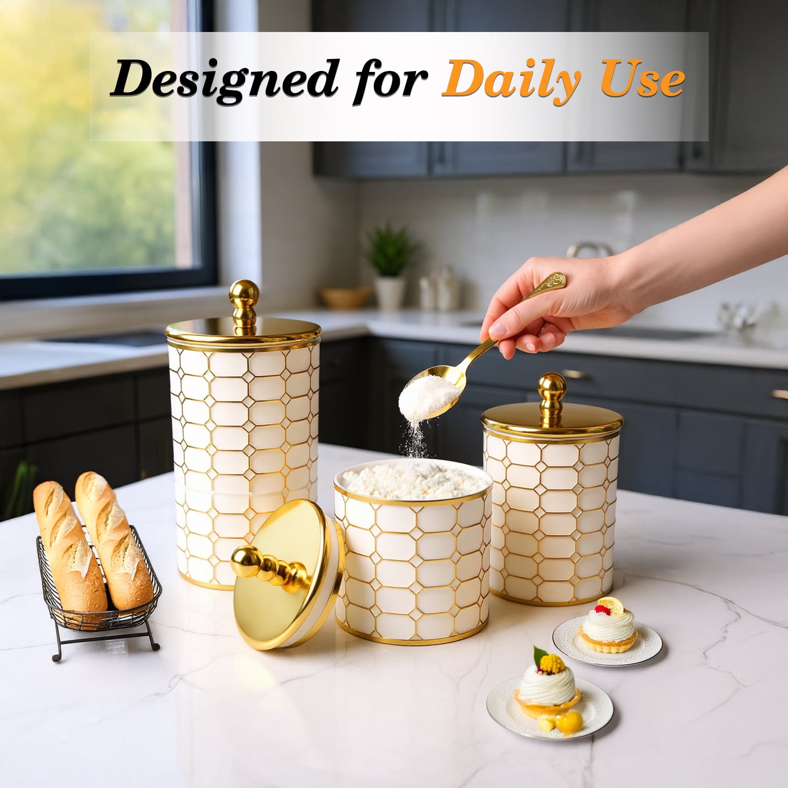 3-Piece Plastic Canister Set, Airtight Food Storage Containers for Kitchen Countertop & Pantry, BPA-Free Canisters for Flour, Sugar, Coffee, Tea, Farmhouse Style Organizers