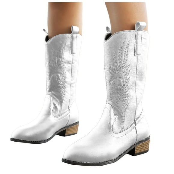 Dakaela Women's Cowboy Boots Wide Calf Pull on Cowgirl Western Booties Embroidered Pointed Toe Country Work Knee High Boot White 9