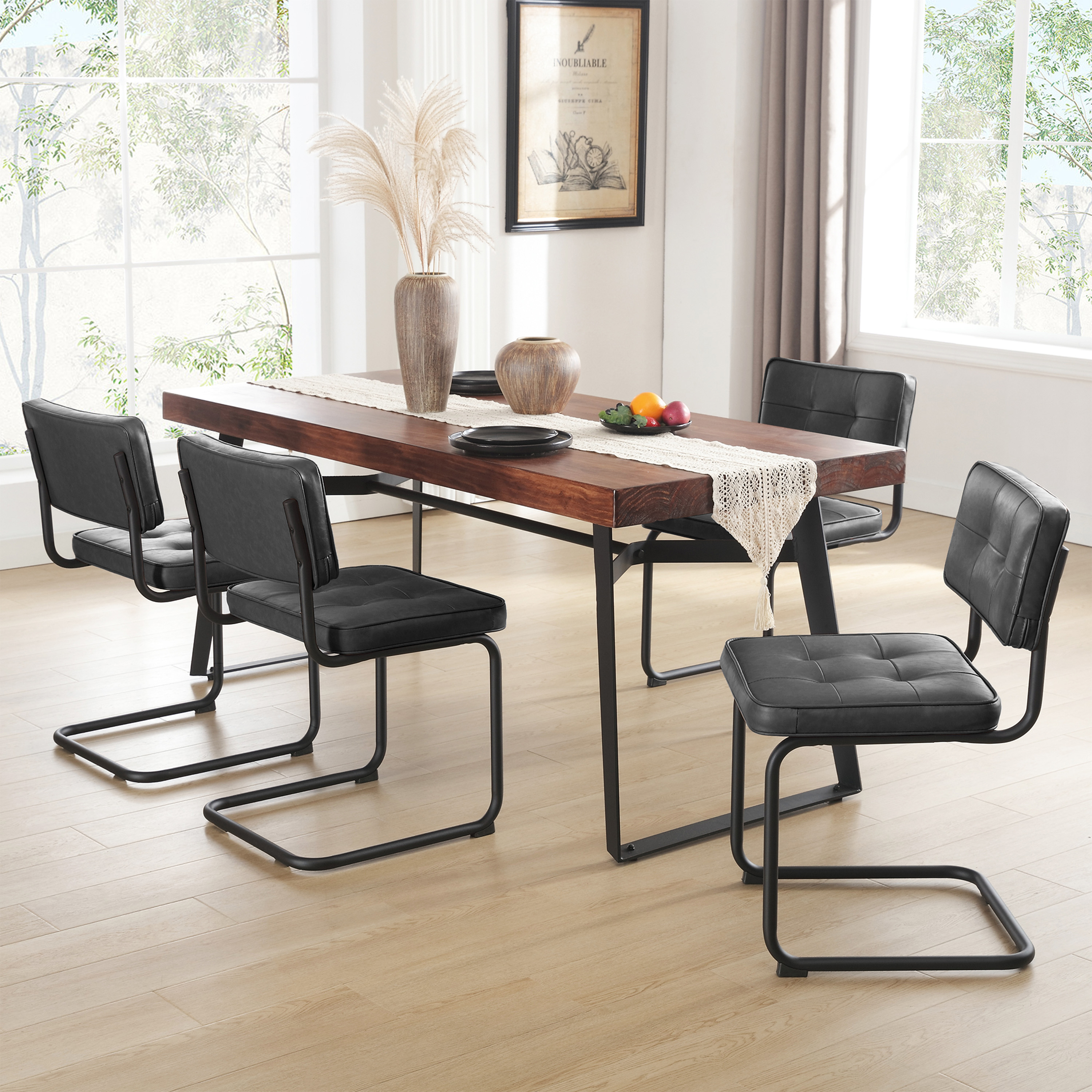 ONEVOG 19.3'' Mid-Century Modern Dining Chairs Set of 2, Faux Leather Cantilever Kitchen Chairs with Matt Black Legs for Kitchen Dining room, Black