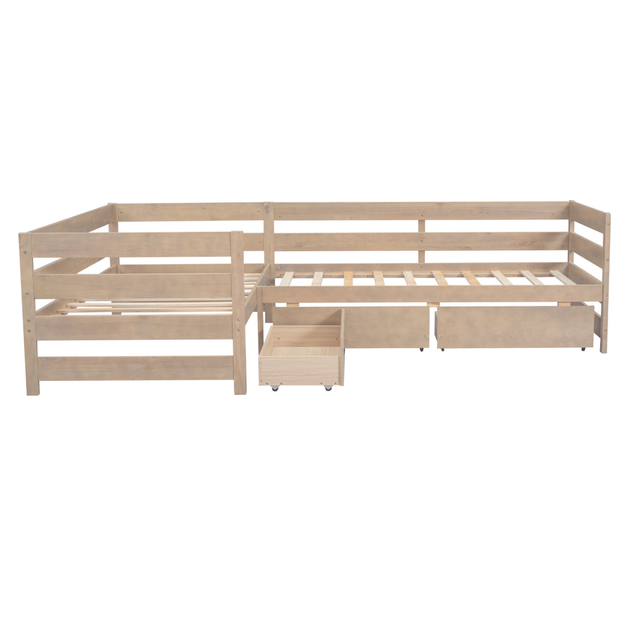 Noble House Carter Twin L-Shaped Platform Bed with 3 Storage Drawers, Solid Wood Corner Bed Frame, Natural