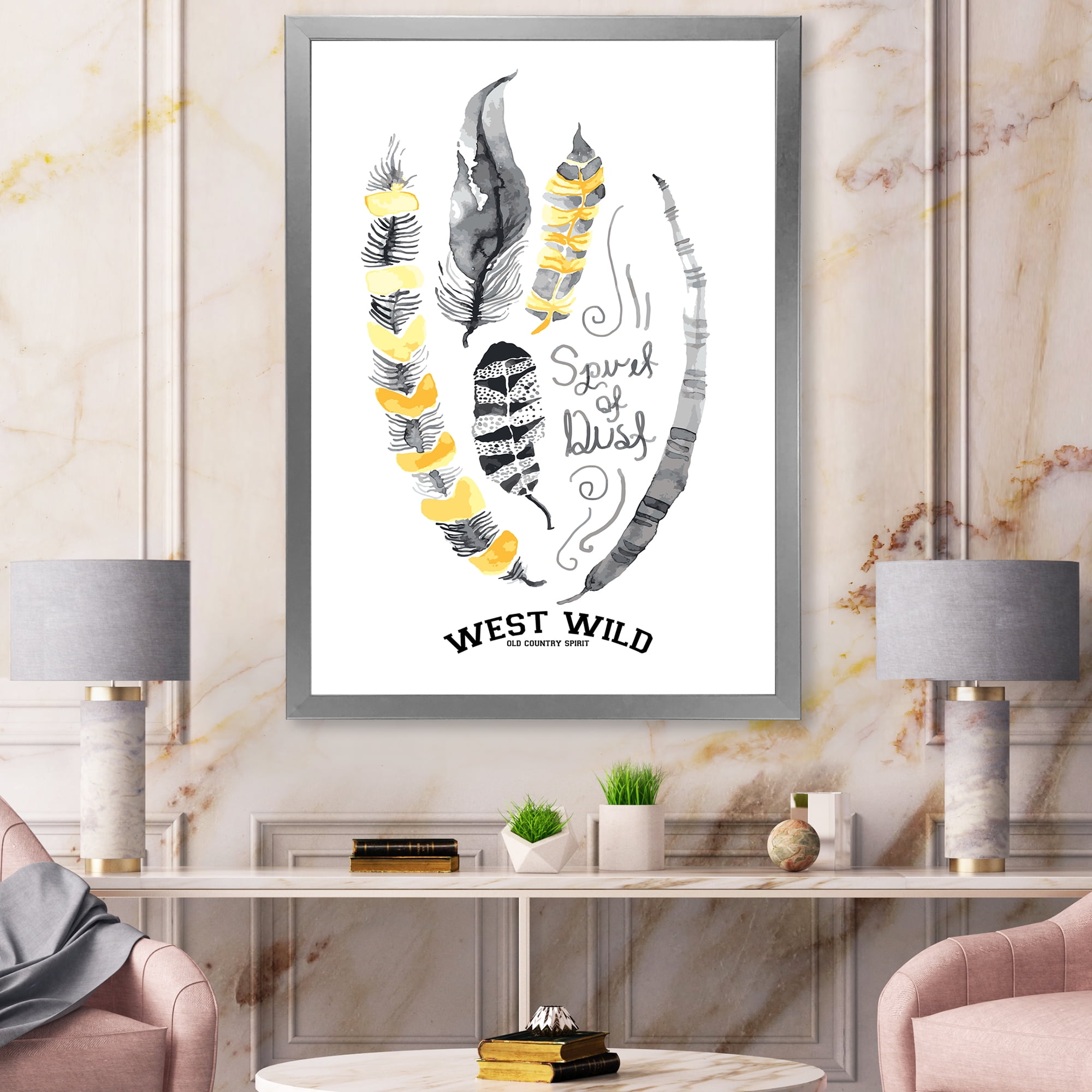 Designart 'Yellow Ethnic Plume Feathers On White' Bohemian & Eclectic Framed Art Print