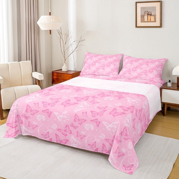 Manfei Pink Butterfly Full Size Sheets for Teen, Garden Floral Bed Sheets, Modern Fashion Sheet Sets, Lightweight Room Decor, 4pcs