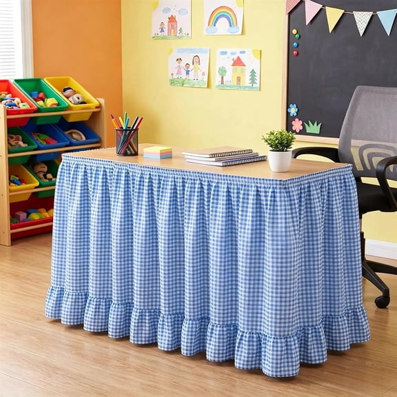 6ft Table Skirt Ruffled Hook and Loop Teacher Desk Skirts Checkered Desk Skirt for Classroom Party Decorations,Folded style,Blue