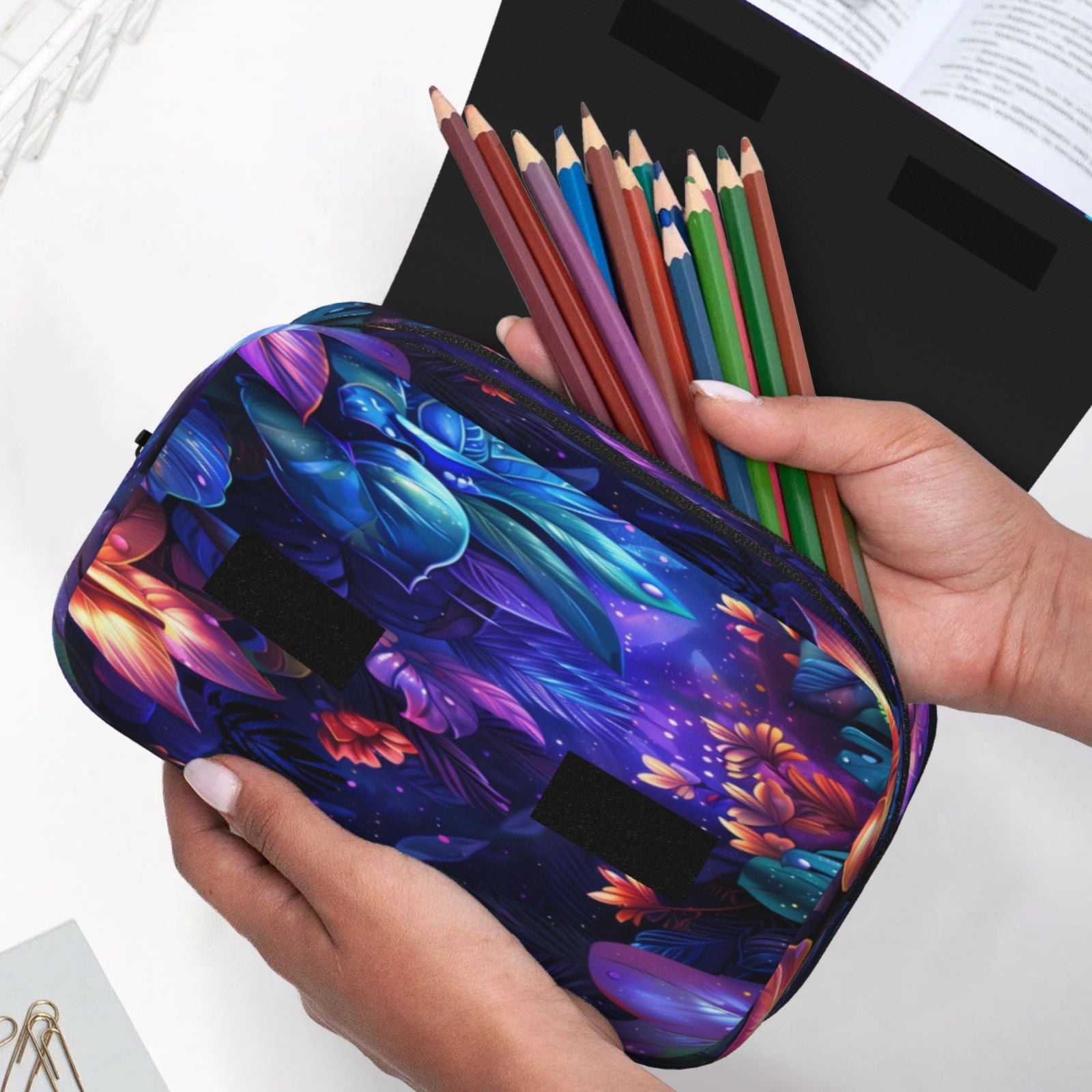 Rateoe Magic Colorful Forest Leaves Pattern Double Clamshell Pen Case, Storage Organizer with Two Zipper Compartments– Holds Up to 50 Pencils & Pens