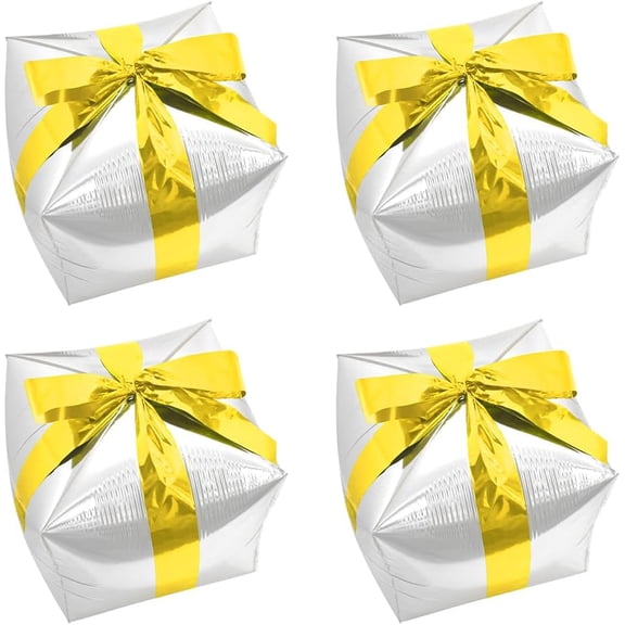 4 Pack Silver Christmas Square Cube Shape Gift Box Party Balloon With Gold Ribbon, Aluminum Mylar Present Xmas Decoration Gifts Box Balloons For New Year Birthday Wedding Party Favors