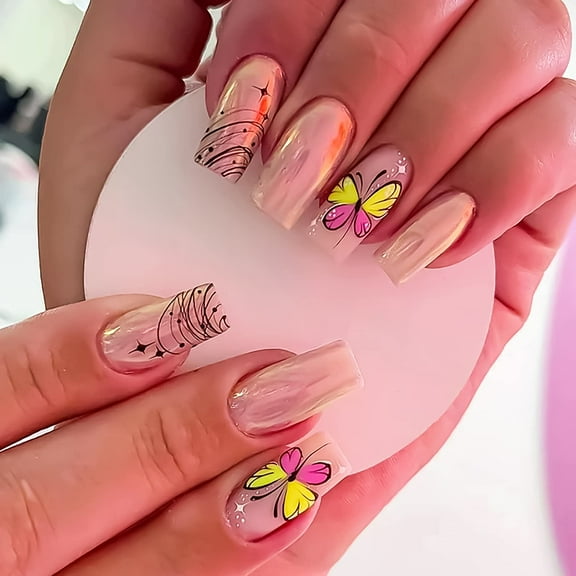 24 Pcs Press on Nails Medium Square Fake Nails Polar Light Butterfly Black Line Designs False Nails Acrylic Full Cover Artificial Nails for Women Girls Style 11 0.04 Fl Oz (Pack of 24)