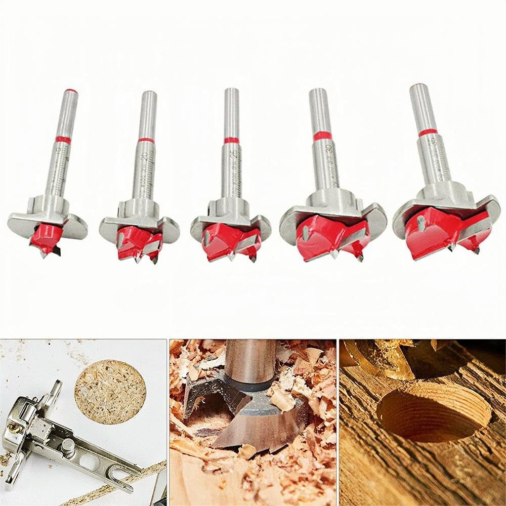 5Pcs Drill Bit Set Adjustable Positioning Woodworking Hinge Hole Drilling Boring Bit Wood Auger Cutter Hexagon Wrench (15/20/25/30/35mm)