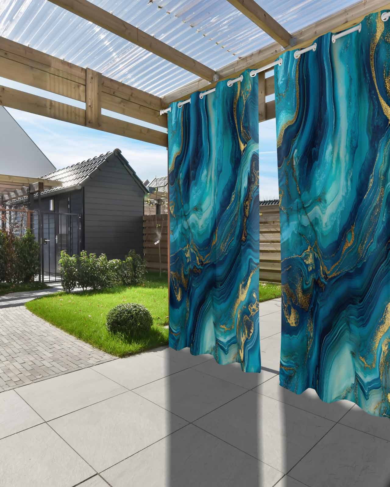 Outdoor Curtains for Patio, Teal Blue Marble Waterproof Blackout Outside Curtain for Porch/Pergola/Gazebo, Ink Painting Modern Abstract Yellow Thermal Insulated Drapes, 2 Panels, 54 x 84 Inch