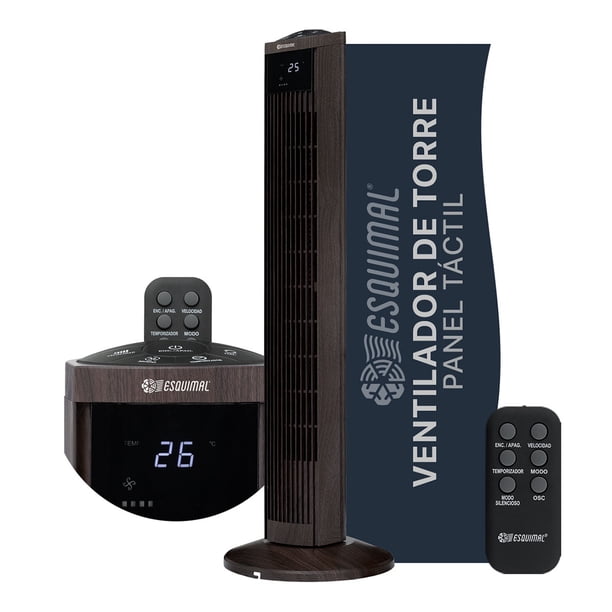 Ventilador de Torre Esquimal 95 cm, Silencioso, Oscilante 70°, Panel LED Táctil con Temperatura, 3 Velocidades, Temporizador 15h, Control Remoto, Color Café