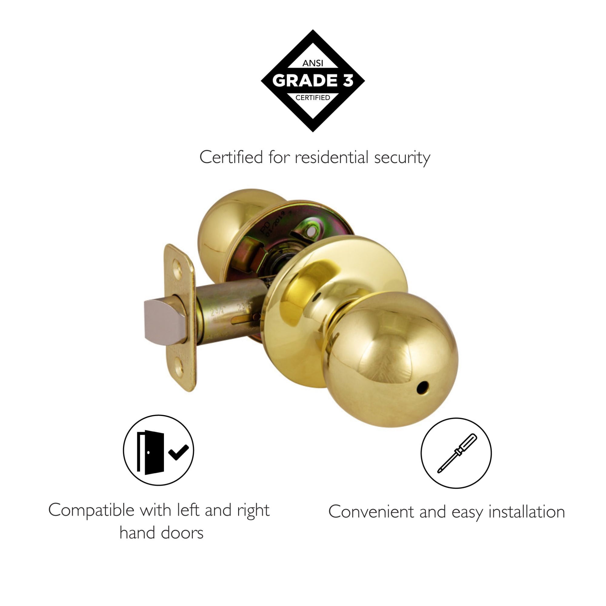 Ball Privacy Door Knob, Bed and Bath, Polished Brass Finish, Left or Right Hand