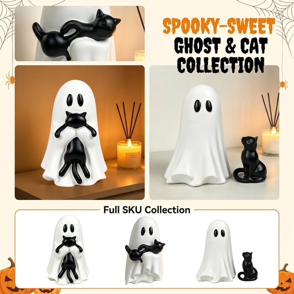 Ghost Holding Cat Resin Figurine Halloween Ornament – 5.7in Ghost Cat Tabletop Statue Fall Decorations for Home– Festive Vintage Halloween Decor for Fireplace Counter Halloween Party Decorations