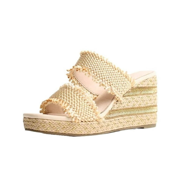 Cecelia New York Lady Zara Platform Sandals Women Slip On Open Toe Heel Wedge Sandal (Natural, 6)