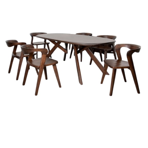 Ziva 7pc Dining Table Set, 6 Side Chairs, 3D Edges, Brown Solid Wood